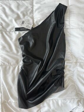 Divided Black Faux Leather One-Shoulder Top